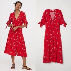 H&M Red Floral Button Down Midi Dress with Tie Sleeve NWT
